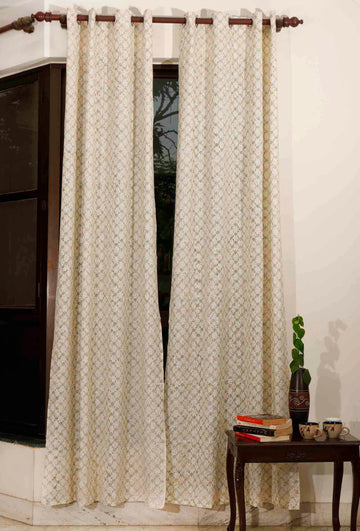Set Of 2- Cream White Handblock Cotton Curtains